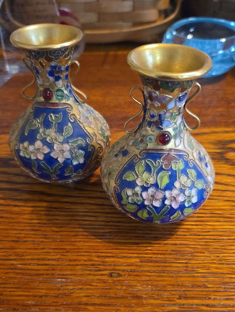 Blue Floral Cloisonné Decorative Vase Pair